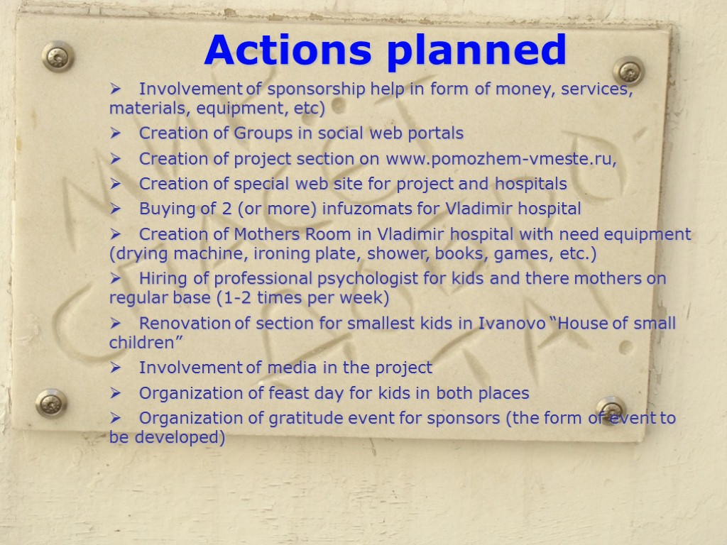 Actions planned Involvement of sponsorship help in form of money, services, materials, equipment, etc)